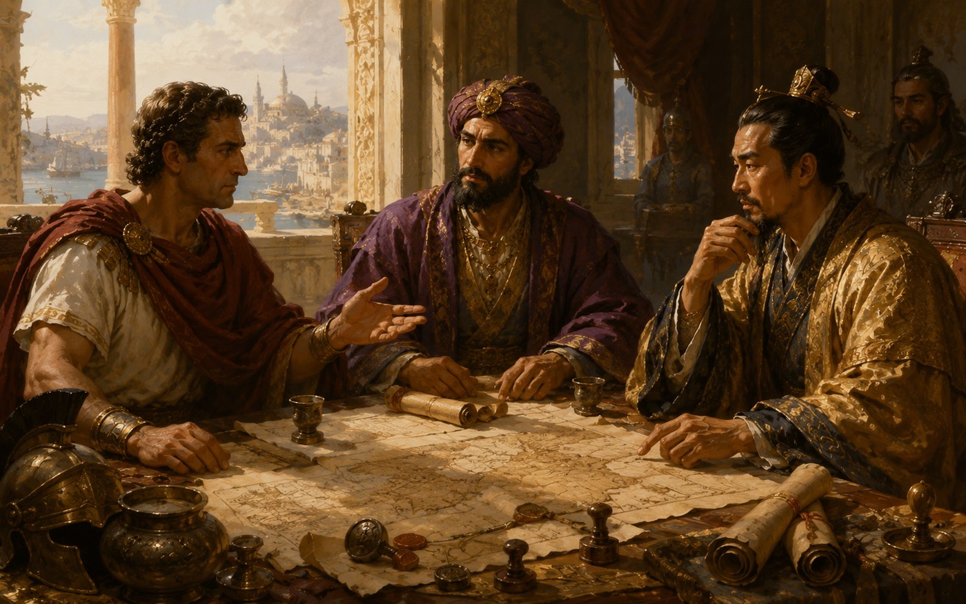 Drie gezanten in beraad boven een uitgerolde kaart