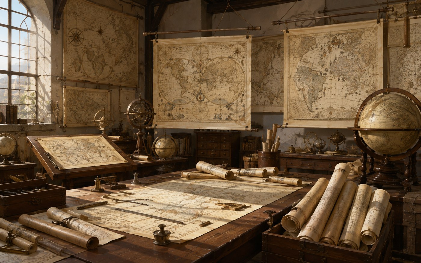 Werkkamer met wandkaarten, globes en uitgerolde kaartbladen