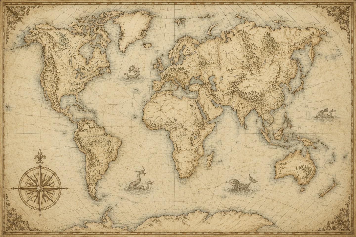 Getekende wereldatlas met windroos en zeemonsters